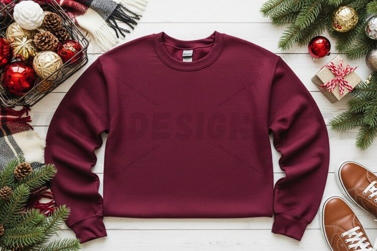 Holiday-themed burgundy t-shirt mockup example image 1