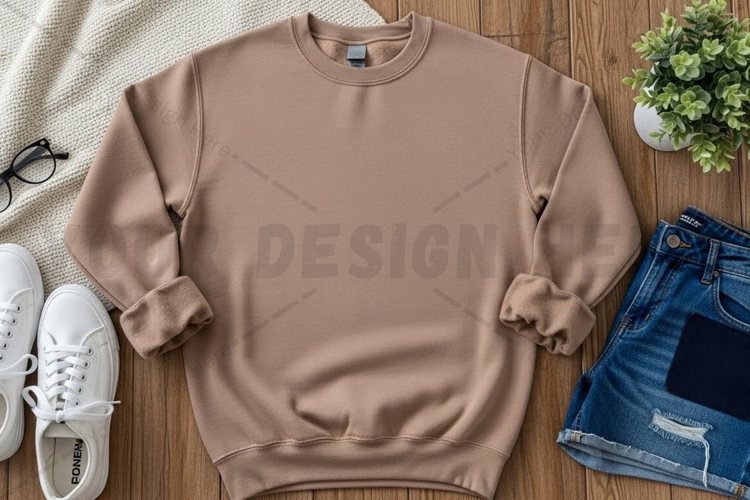 Casual beige crew neck sweatshirt mockup design
