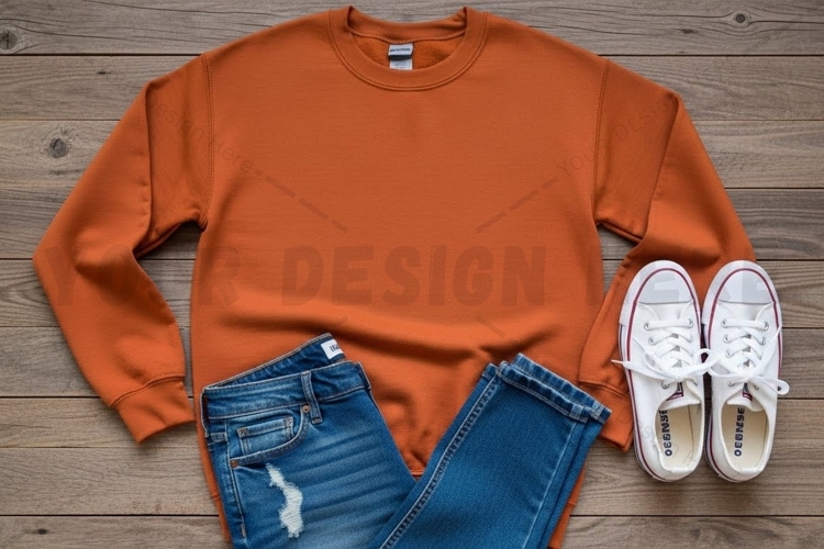 Casual orange t-shirt with jeans and sneakers t-shirt mockup
