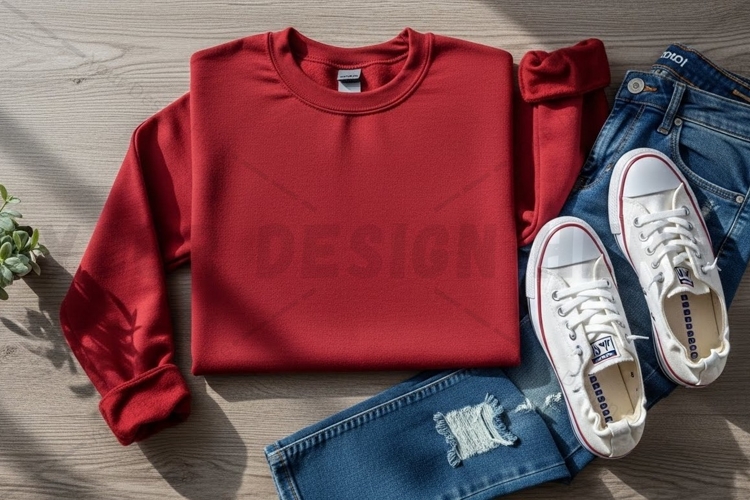 Casual red t-shirt with jeans and sneakers outfit mockup