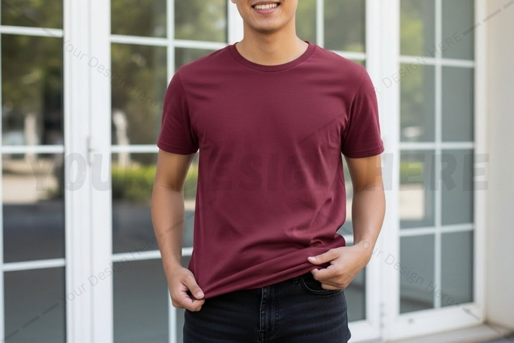 Men's burgundy crew neck t-shirt mockup design