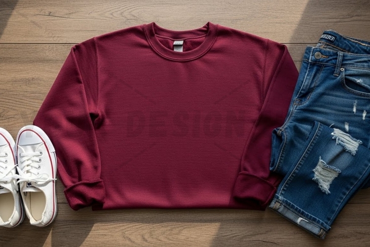Casual outfit with burgundy t-shirt mockup