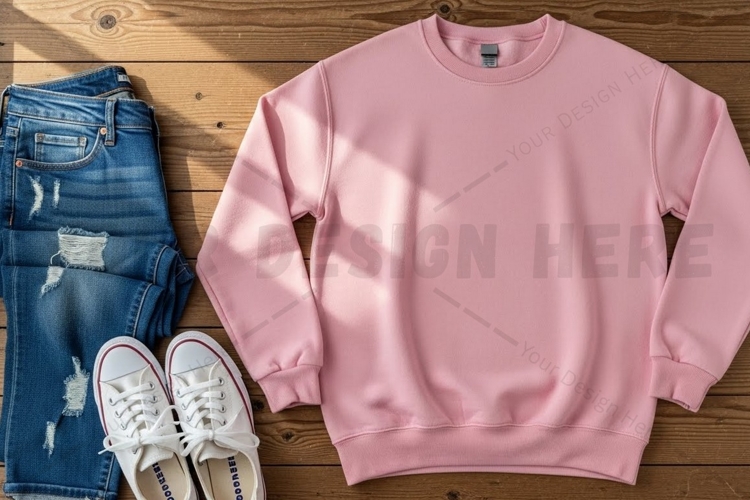 Pink sweatshirt with distressed jeans mockup design