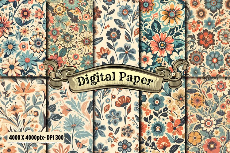 Retro Floral Digital Paper example image 1