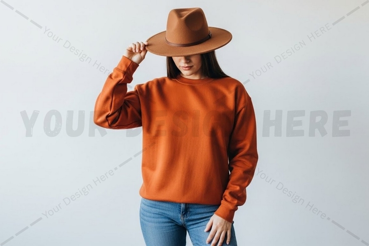 Vintage style orange sweatshirt with fedora mockup