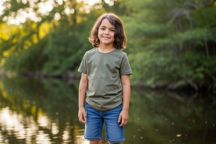 Kids olive green t-shirt outdoor mockup
