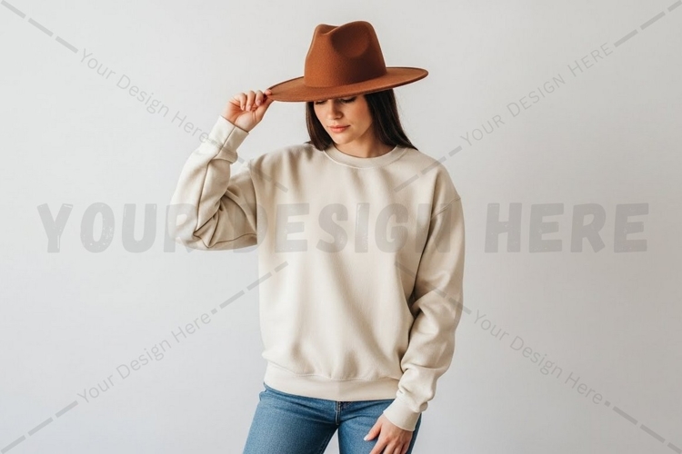 Casual cream sweatshirt with brown hat t-shirt mockup