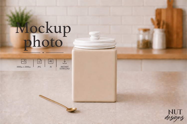 Cream-toned Kitchen Canister Mockup Elegant kitchen mockup