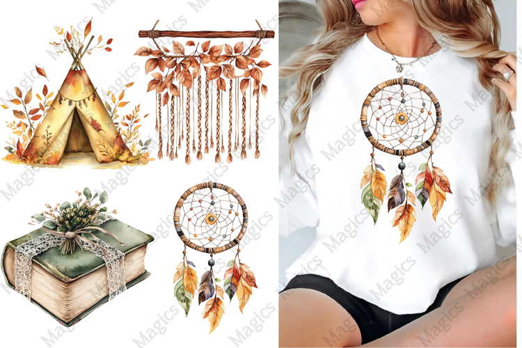 Watercolor Boho Autumn Clipart