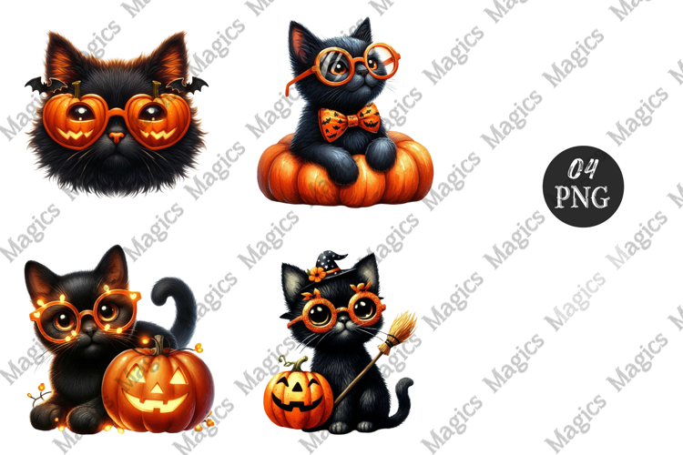 Black Cat with Pumpkin Glasses Clipart