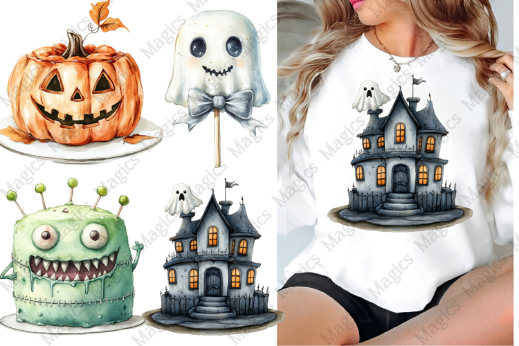 Watercolor Halloween Cake Clipart Design