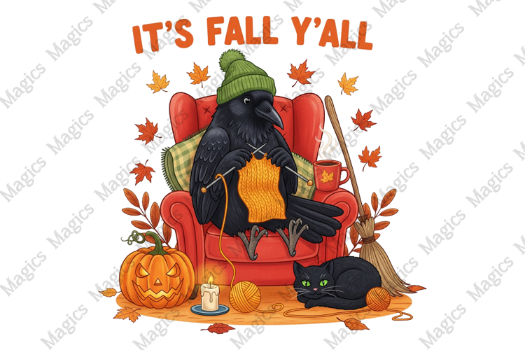 Fall Y all Png Cozy Knitting Crow & Cat
