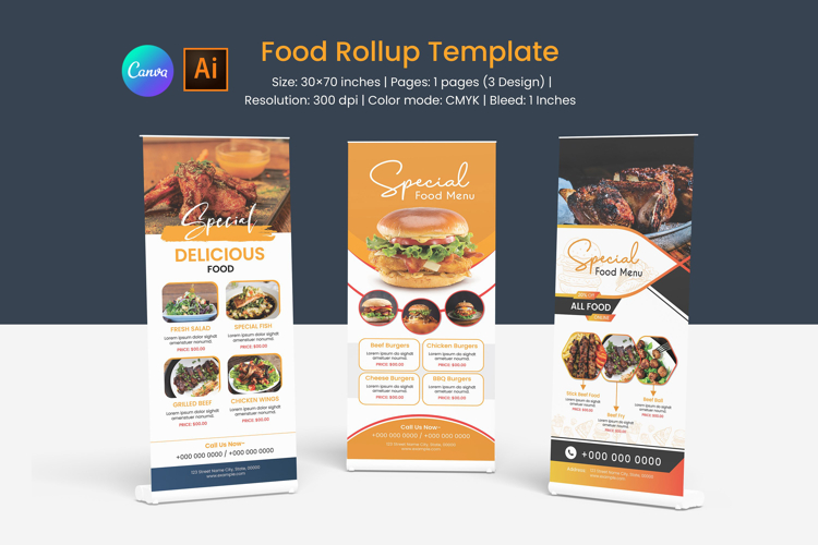 Restaurant Food Roll-Up Banner. Illustrator Template