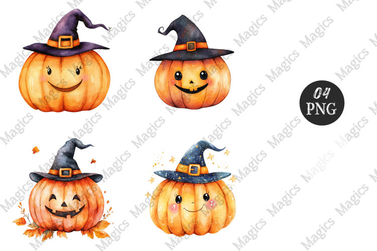 Kawaii pumpkin with a smiling face and witch hat Clipart