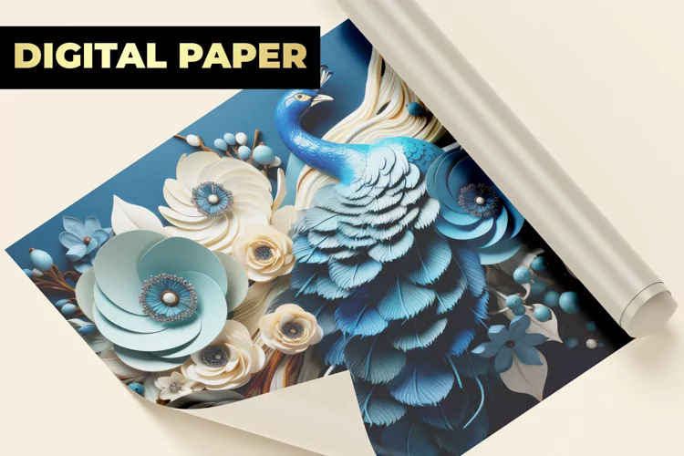 3D Peacock and Flowers Digital Paper
