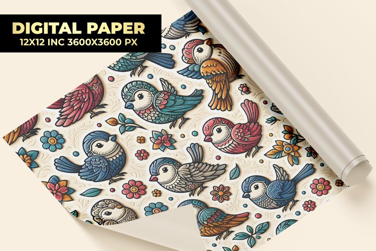 Embossed Bird With Floral Digital Paper example image 1