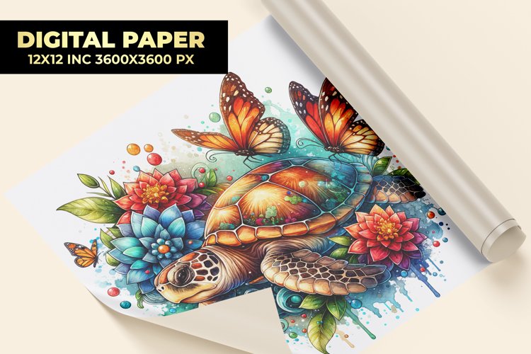 Turtle With Floral Watercolor Digital Paper