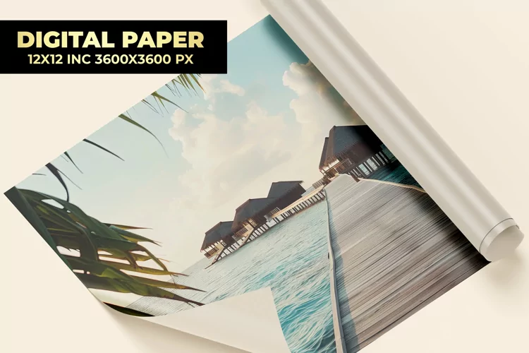 Beach With Wooden House Digital Paper