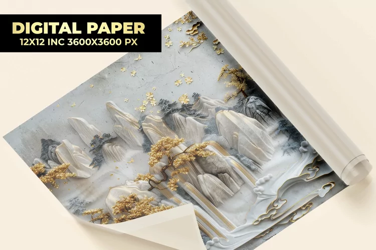 Golden Flower With Wall Digital Paper