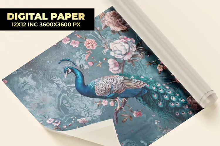 Flower With Peacock Digital Paper