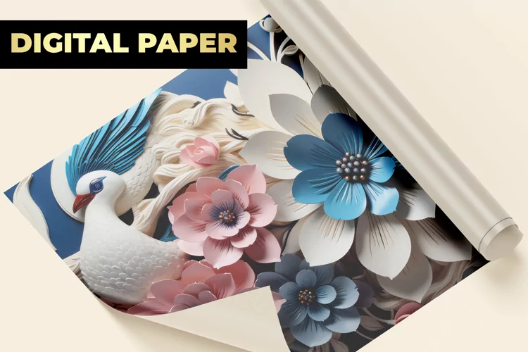 3D Peacock Flowers Digital Paper