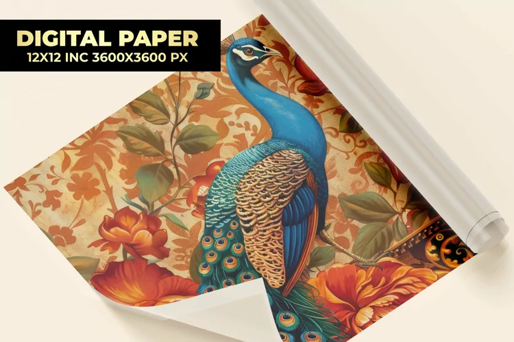 Flower With Peacock Digital Paper