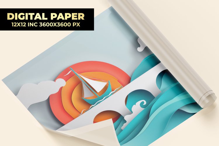 Paper Cut Sea Ship Digital Paper example image 1