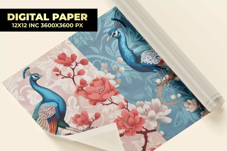 Flower With Peacock Digital Paper