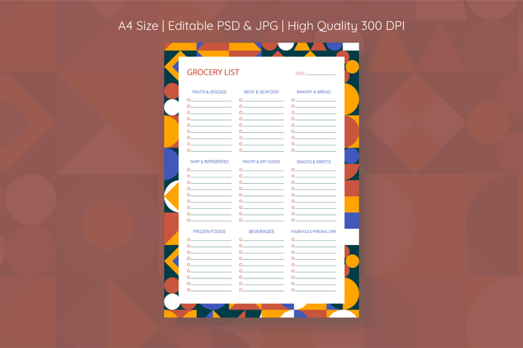Bauhaus Pattern Grocery List Template | Grocery List