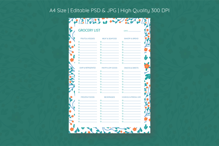 Floral Grocery List Template | Grocery List | Planner