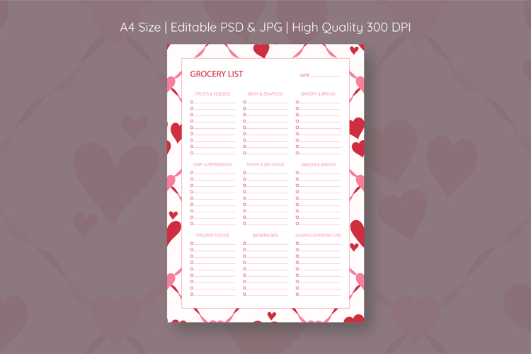 Heart Grocery List Template | Grocery List | Planner