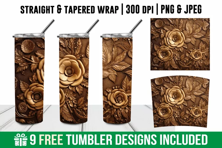 3d Golden Floral Tumbler Wrap |3d Tooled Floral Tumbler Wrap