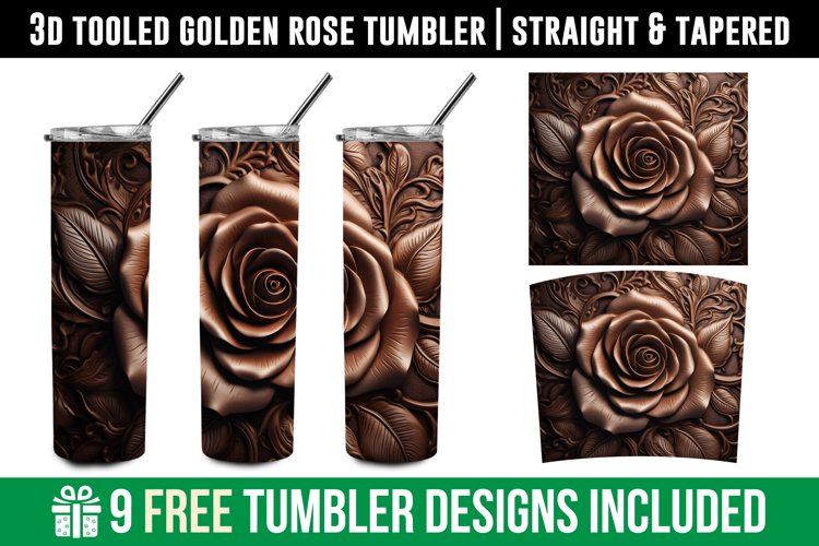 Tooled Golden Rose Tumbler Wrap, 3D Tumbler Wrap Sublimation example image 1