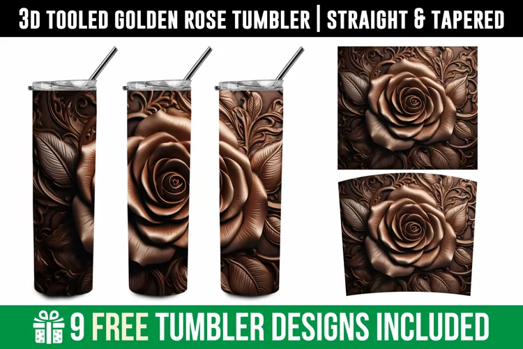 Tooled Golden Rose Tumbler Wrap, 3D Tumbler Wrap Sublimation