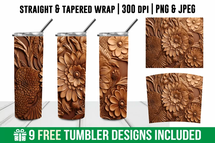 3d Golden Floral Tumbler Wrap Design | 3d Tooled Floral Wrap