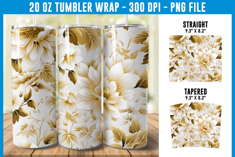 3D White and Gold Floral Tumbler Wrap | 3D Floral Tumbler