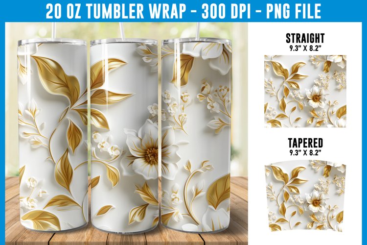 3D White and Gold Floral Tumbler Wrap | 3D Floral Tumbler