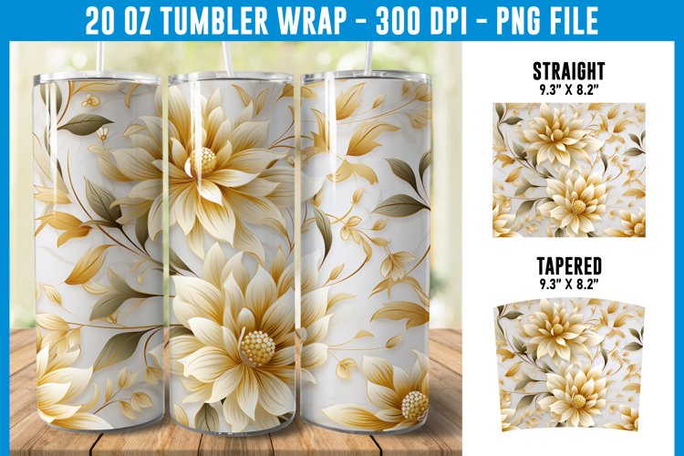 3D White and Gold Floral Tumbler Wrap | 3D Floral Tumbler