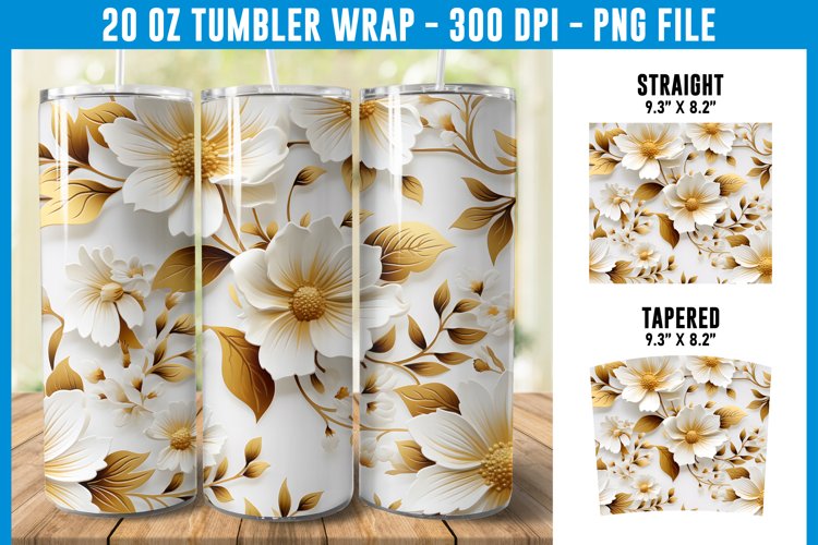 3D White and Gold Floral Tumbler Wrap | 3D Floral Tumbler