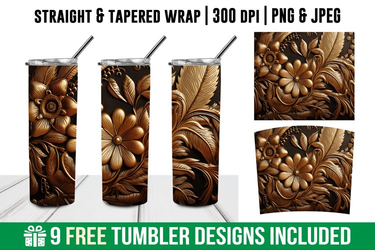 3d Tooled Gold Floral Tumbler Wrap | 3d Floral Tumbler Wrap example image 1