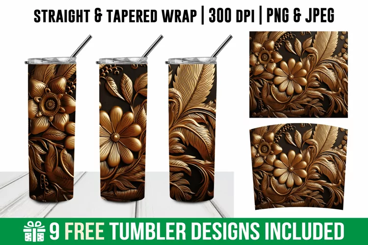 3d Tooled Gold Floral Tumbler Wrap | 3d Floral Tumbler Wrap