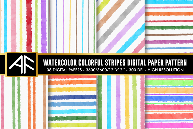 Watercolor Colorful Stripe Digital Paper Patterns