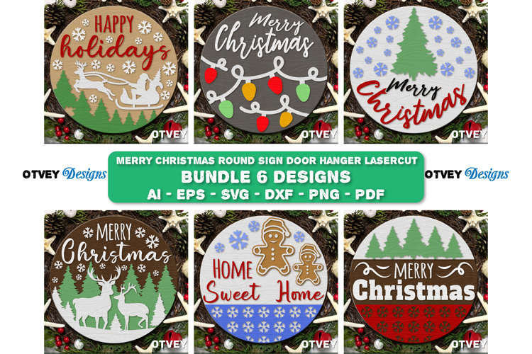 Merry Christmas Round Sign Door Hanger Lasercut BUNDLES