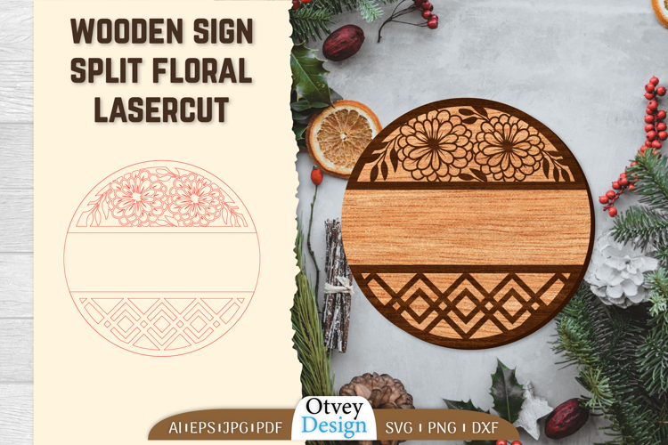 Wooden Sign Split Floral Lasercut