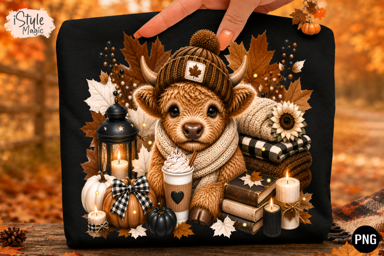 Fall Highland Cow PNG Pumpkin Spice T-Shirt Design