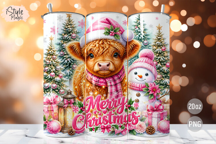 Merry Christmas Highland Cow 20oz Tumbler Wrap Sublimation example image 1