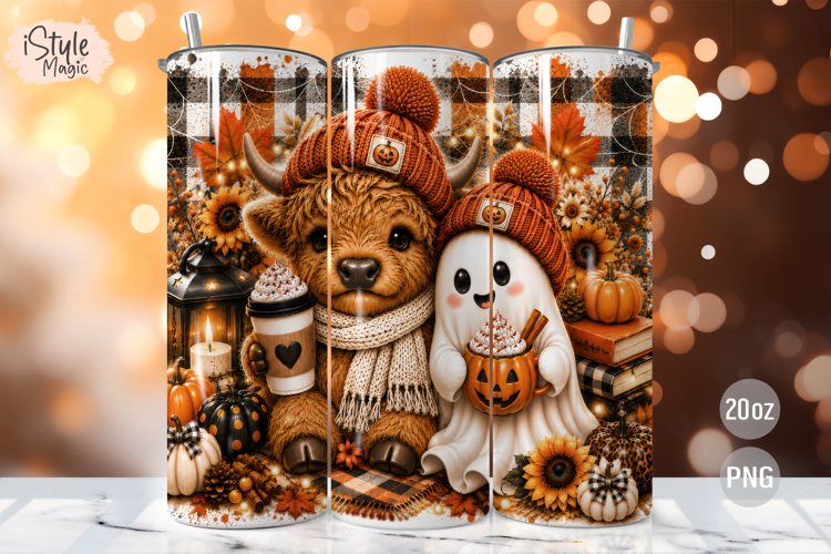Highland Cow Ghost Fall 20oz Tumbler Wrap PNG Sublimation