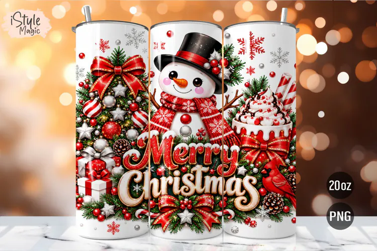 Merry Christmas Snowman 20oz Tumbler Wrap PNG