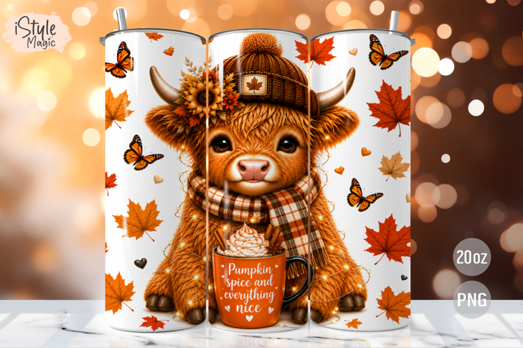 Fall Highland Cow Pumpkin Spice 20oz Tumbler Wrap PNG