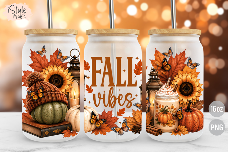 Fall Vibes 16oz Glass Can Wrap Floral Pumpkin Design PNG